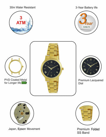 Maxima GOLD Women Black Dial Analogue Watch - 56102CMLY